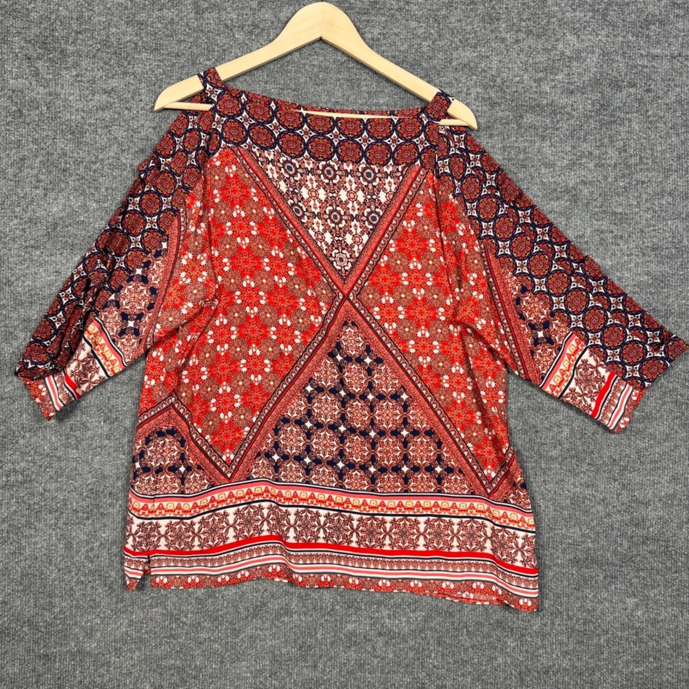 New Fig and Flower Size XL Tunic Top Brown Red Geometric Boho Peasant 3/4 Sleeve